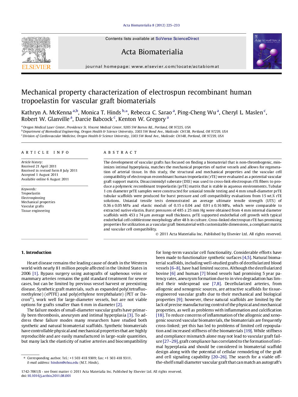 Mechanical property characterization of electrospun recombinant human tropoelastin for vascular graft biomaterials