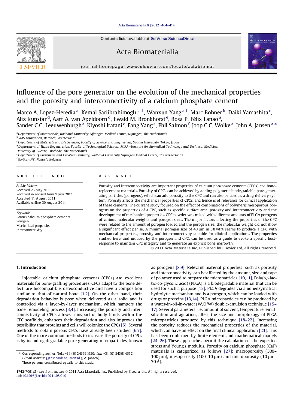 Influence of the pore generator on the evolution of the mechanical properties and the porosity and interconnectivity of a calcium phosphate cement