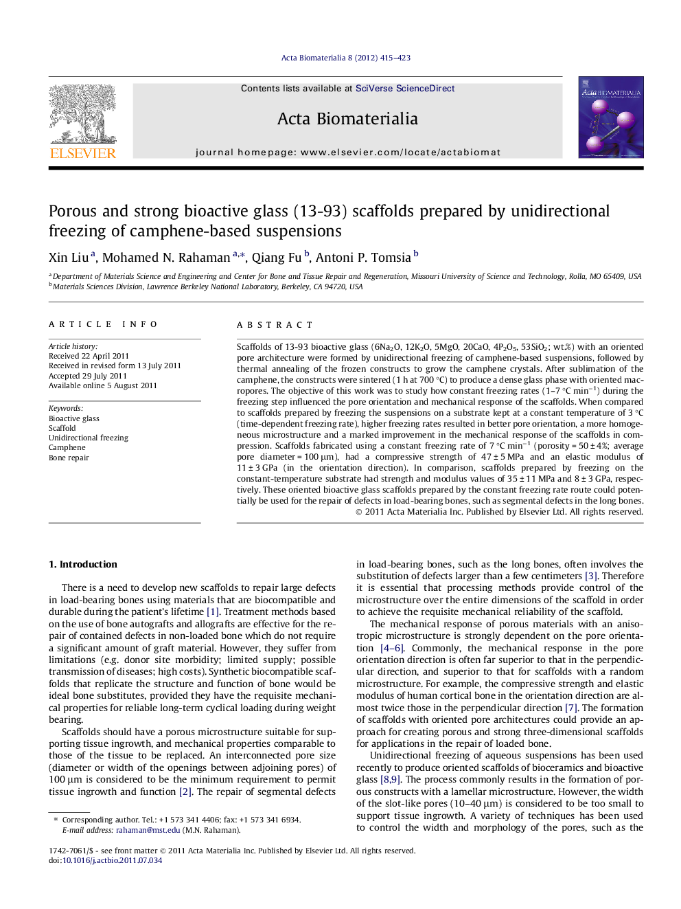 Porous and strong bioactive glass (13-93) scaffolds prepared by unidirectional freezing of camphene-based suspensions