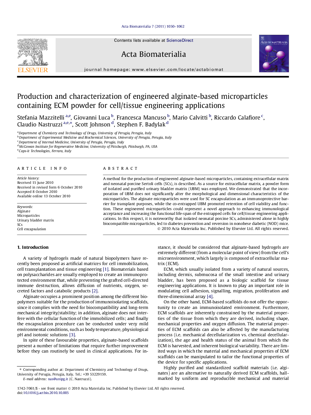 Production and characterization of engineered alginate-based microparticles containing ECM powder for cell/tissue engineering applications