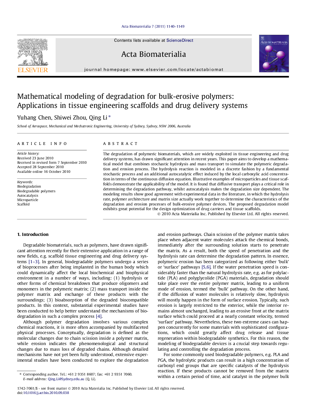 Mathematical modeling of degradation for bulk-erosive polymers: Applications in tissue engineering scaffolds and drug delivery systems