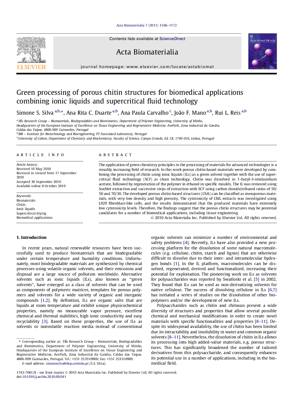 Green processing of porous chitin structures for biomedical applications combining ionic liquids and supercritical fluid technology