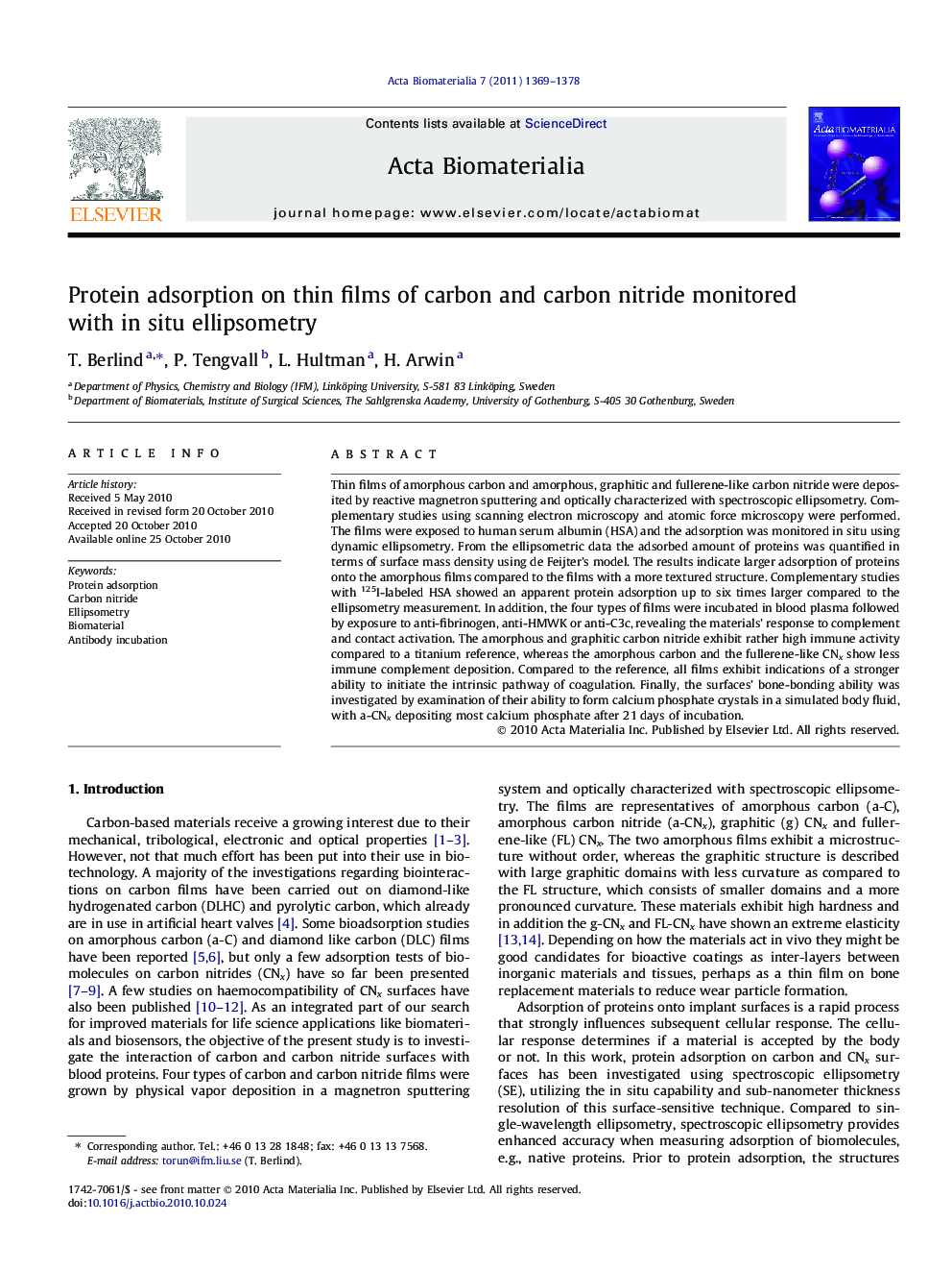 Protein adsorption on thin films of carbon and carbon nitride monitored with in situ ellipsometry