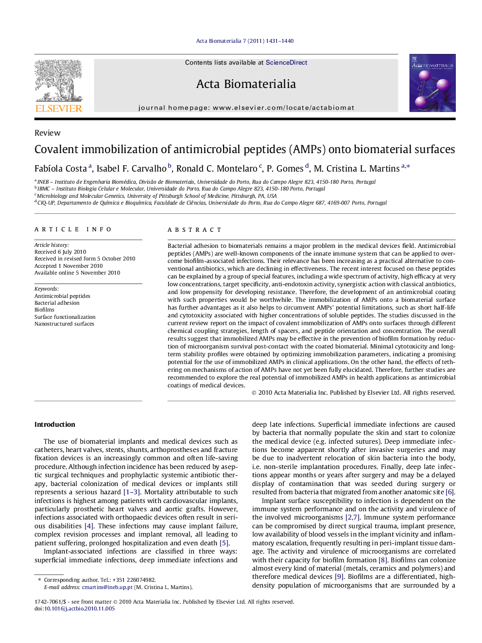 Covalent immobilization of antimicrobial peptides (AMPs) onto biomaterial surfaces