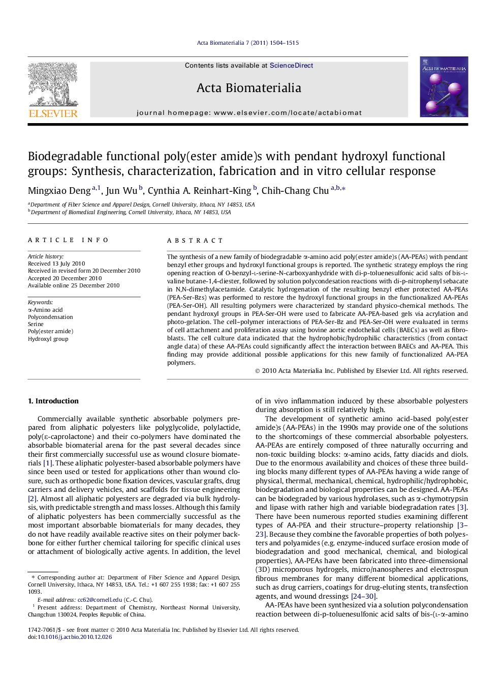 Biodegradable functional poly(ester amide)s with pendant hydroxyl functional groups: Synthesis, characterization, fabrication and in vitro cellular response