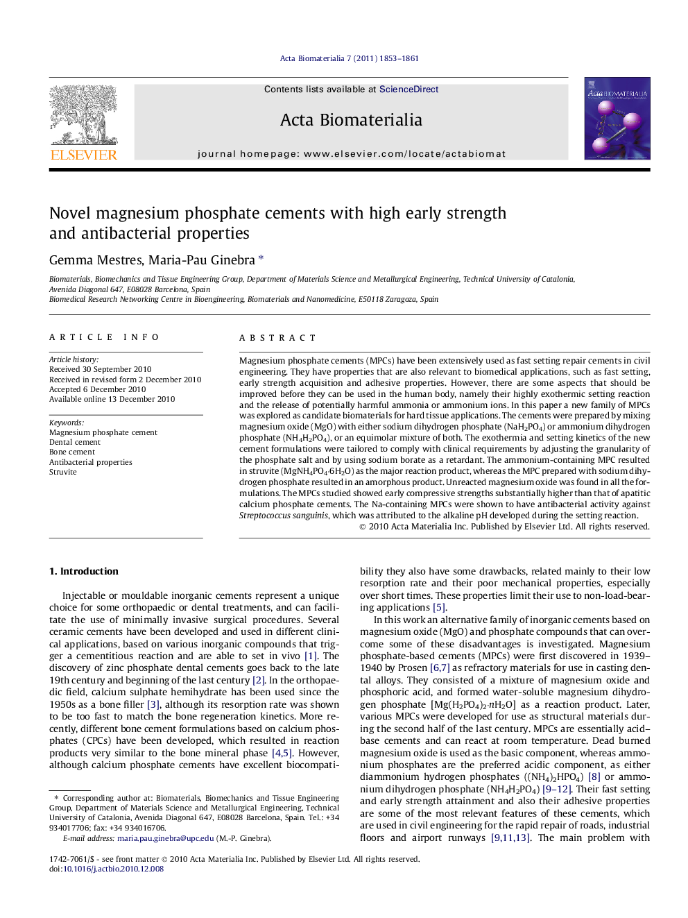 Novel magnesium phosphate cements with high early strength and antibacterial properties