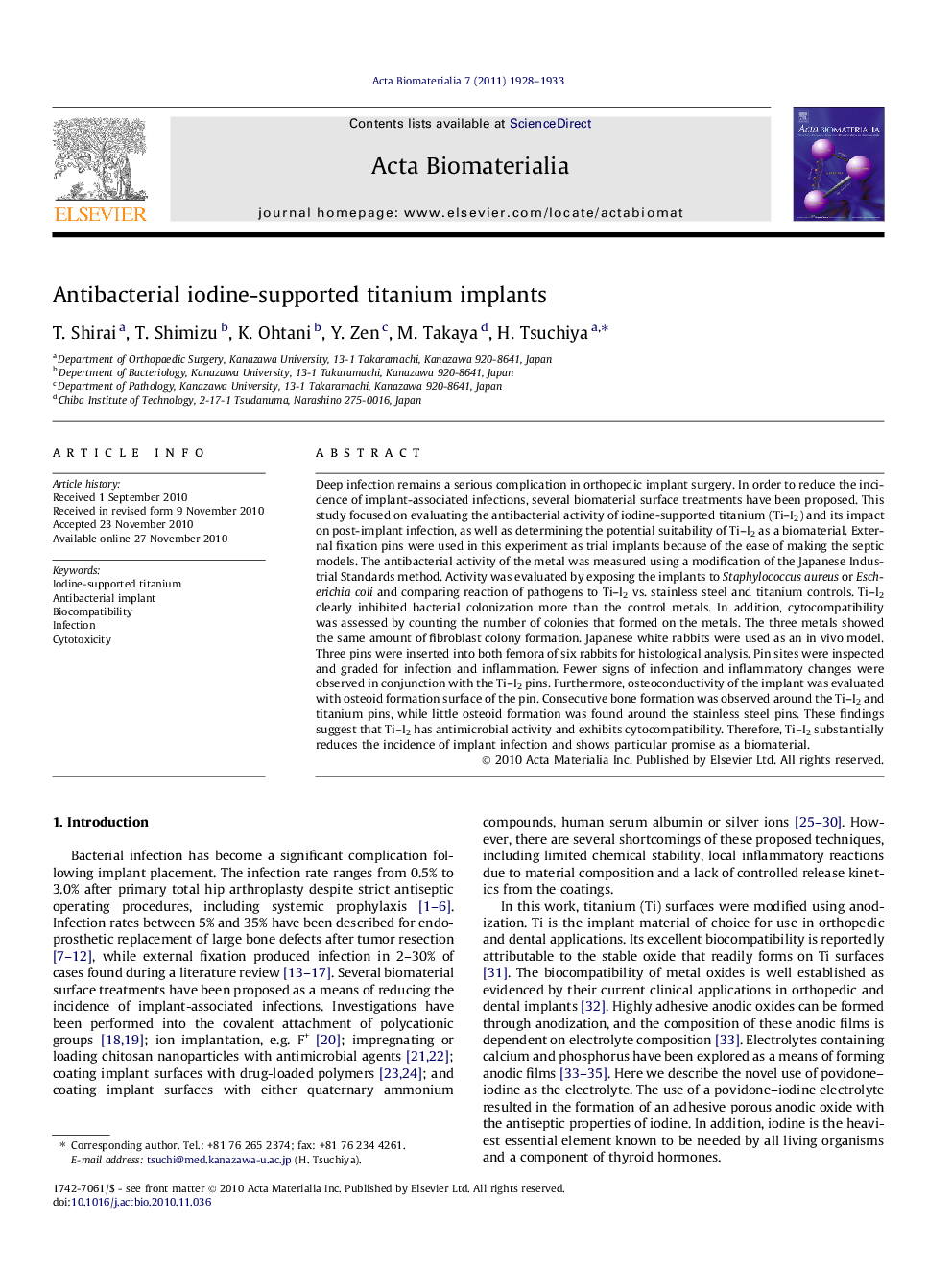 عکس صفحه اول مقاله: Antibacterial iodine-supported titanium implants Antibacterial iodine-supported titanium implants