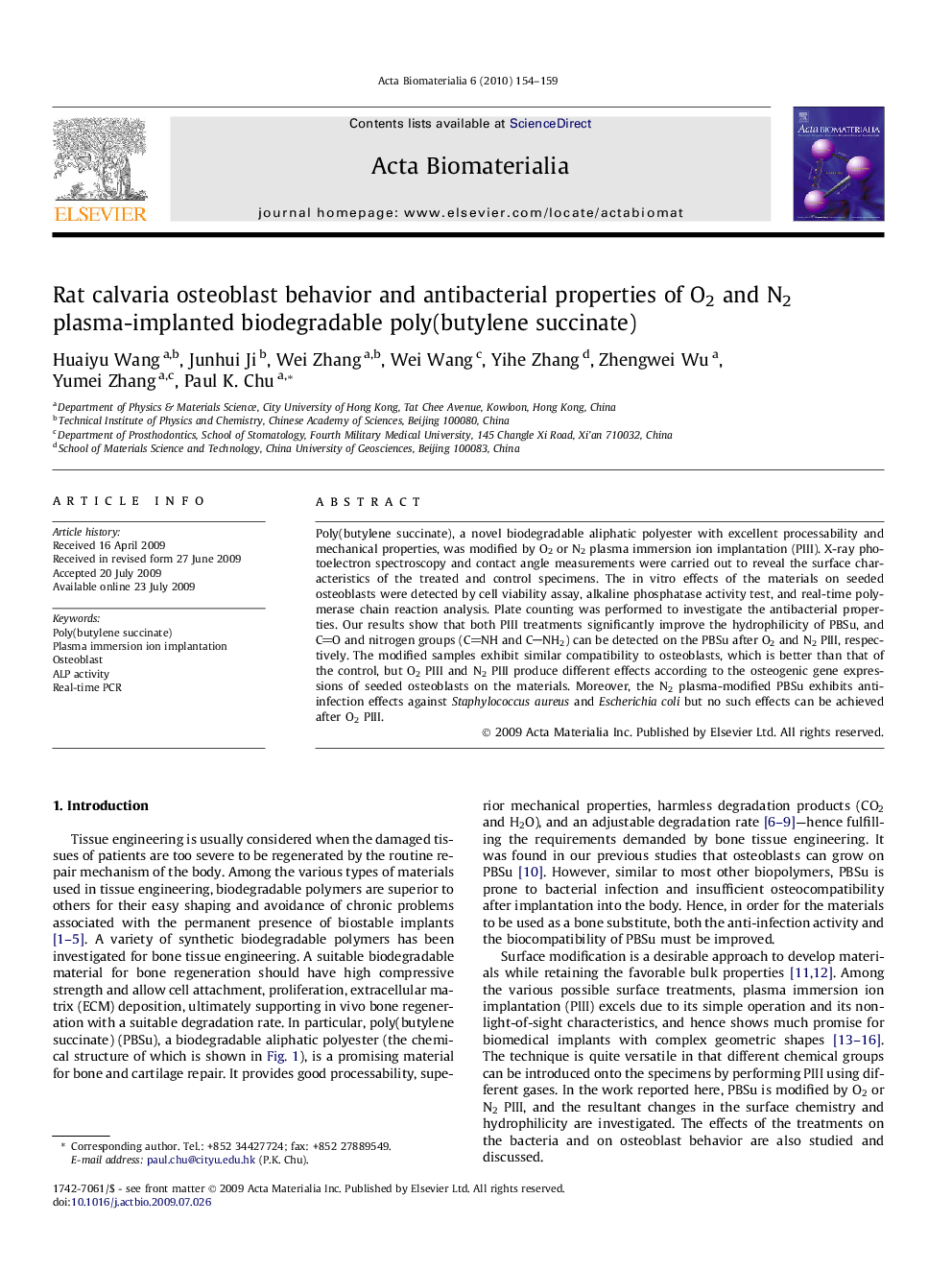 Rat calvaria osteoblast behavior and antibacterial properties of O2 and N2 plasma-implanted biodegradable poly(butylene succinate)