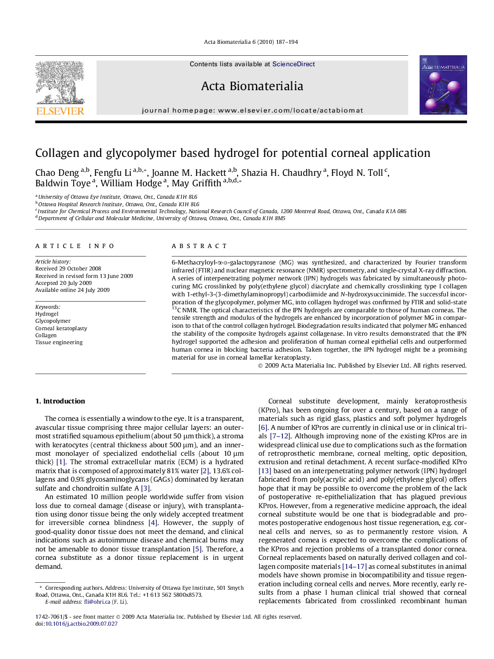 Collagen and glycopolymer based hydrogel for potential corneal application