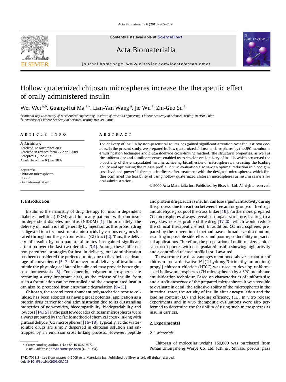 Hollow quaternized chitosan microspheres increase the therapeutic effect of orally administered insulin