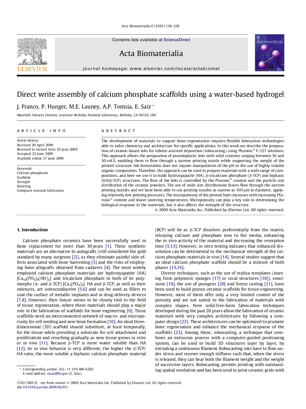 Direct write assembly of calcium phosphate scaffolds using a water-based hydrogel