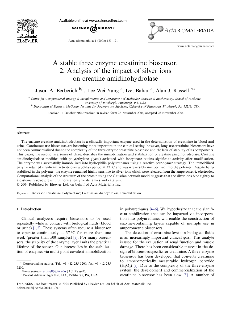 A stable three enzyme creatinine biosensor. 2. Analysis of the impact of silver ions on creatine amidinohydrolase