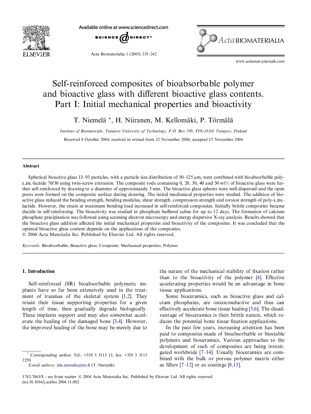 عکس صفحه اول مقاله: Self-reinforced composites of bioabsorbable polymer and bioactive glass with different bioactive glass contents. Part I: Initial mechanical properties and bioactivity Self-reinforced composites of bioabsorbable polymer and bioactive glass with different bioactive glass contents. Part I: Initial mechanical properties and bioactivity