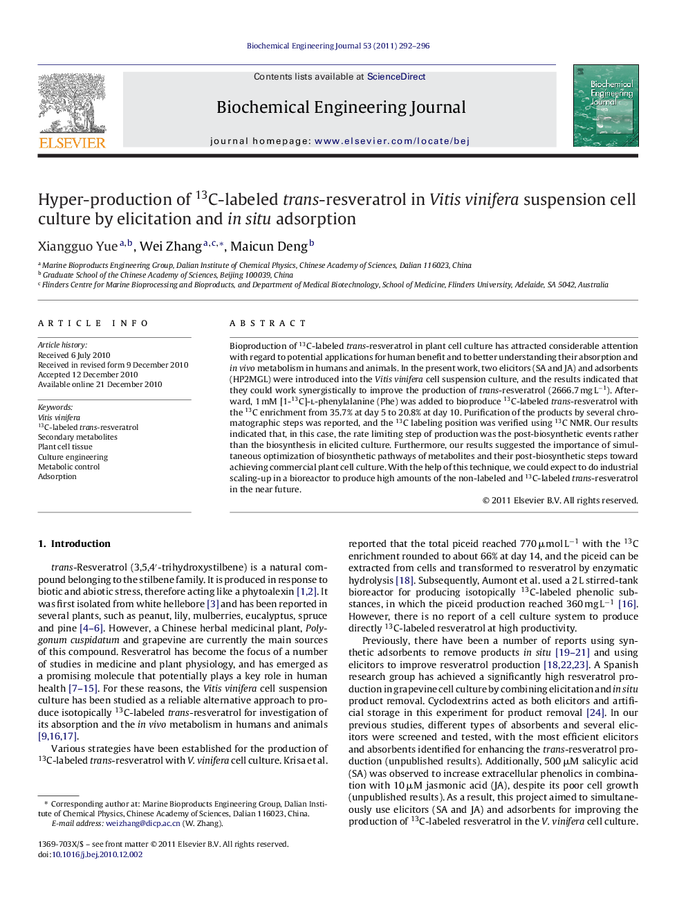 Hyper-production of 13C-labeled trans-resveratrol in Vitis vinifera suspension cell culture by elicitation and in situ adsorption