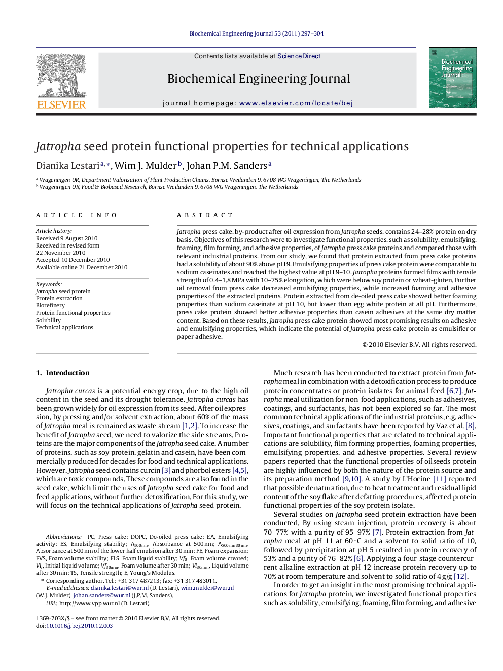 Jatropha seed protein functional properties for technical applications