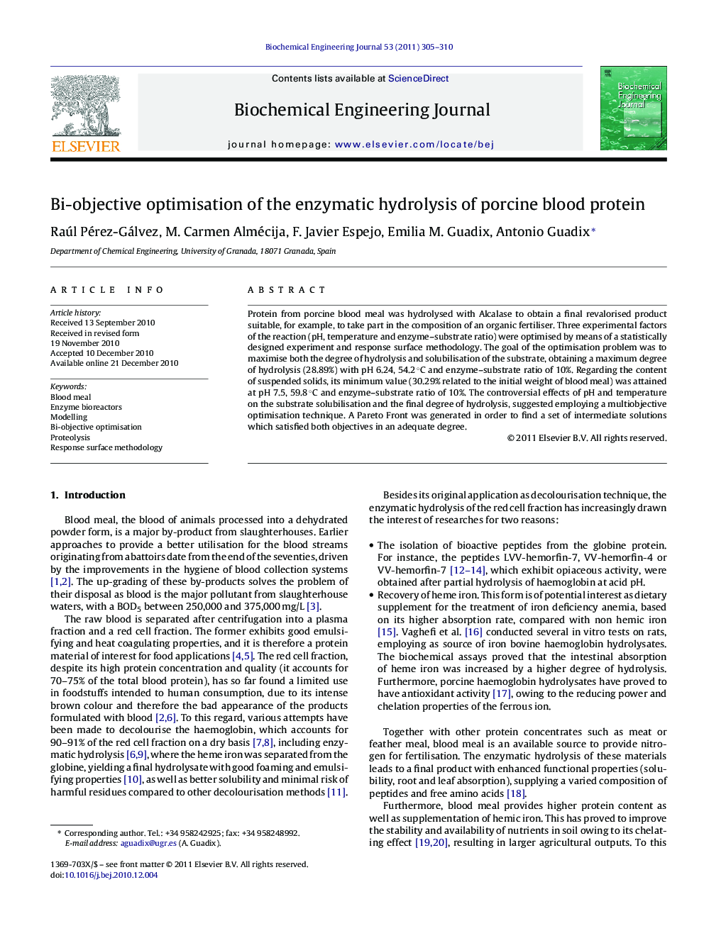 Bi-objective optimisation of the enzymatic hydrolysis of porcine blood protein