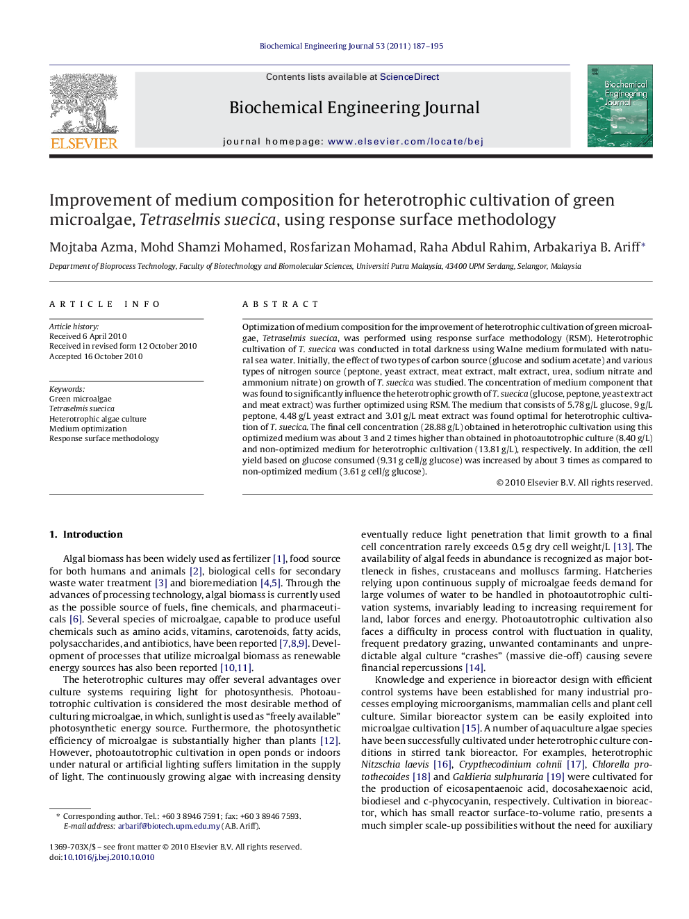 Improvement of medium composition for heterotrophic cultivation of green microalgae, Tetraselmis suecica, using response surface methodology