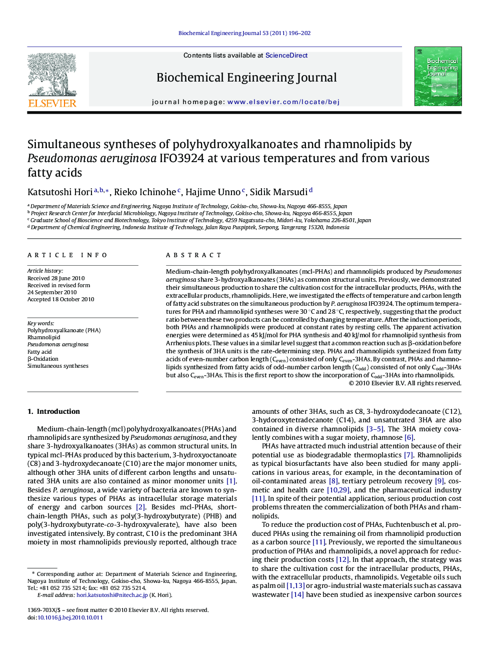 Simultaneous syntheses of polyhydroxyalkanoates and rhamnolipids by Pseudomonas aeruginosa IFO3924 at various temperatures and from various fatty acids