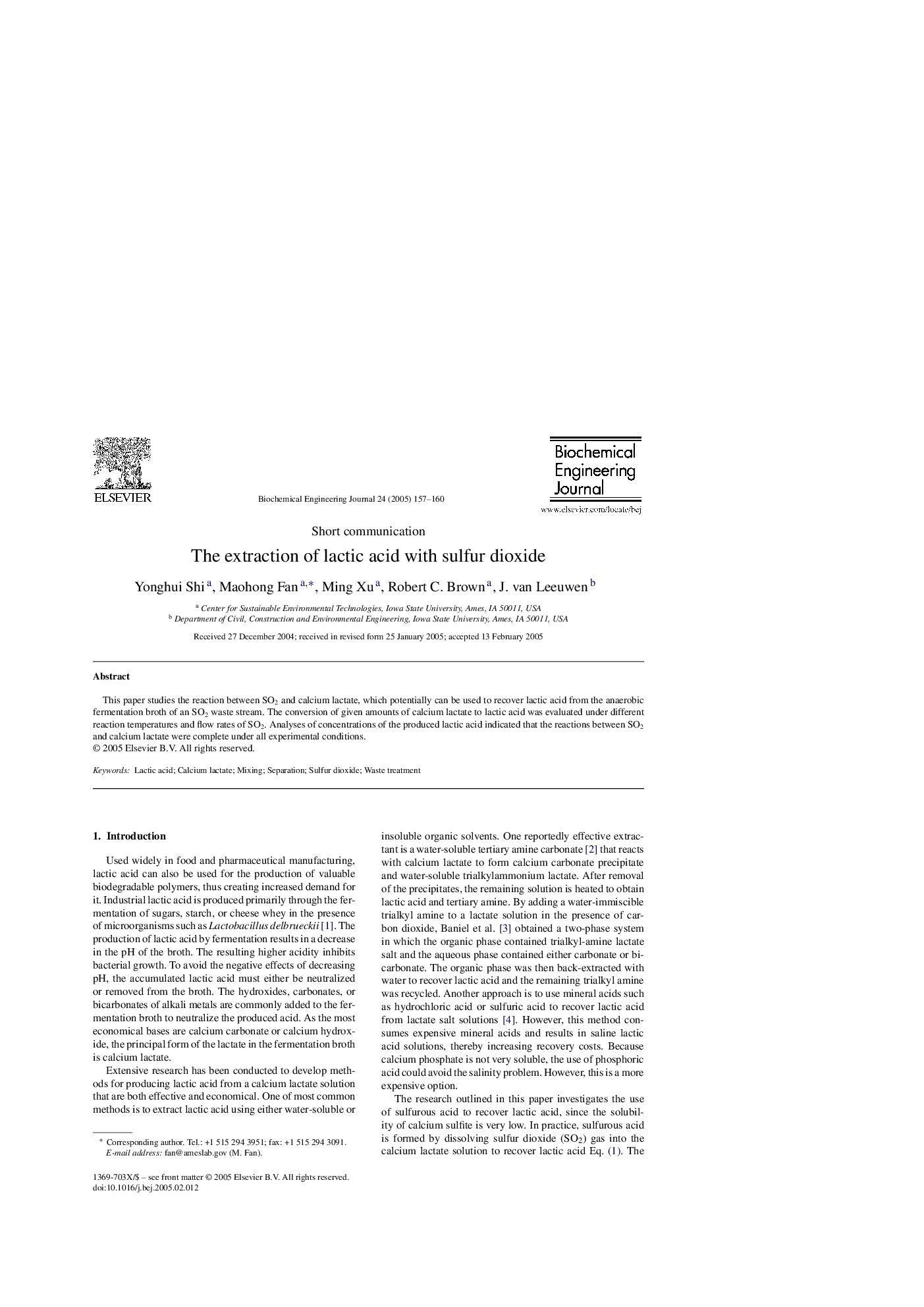 The extraction of lactic acid with sulfur dioxide