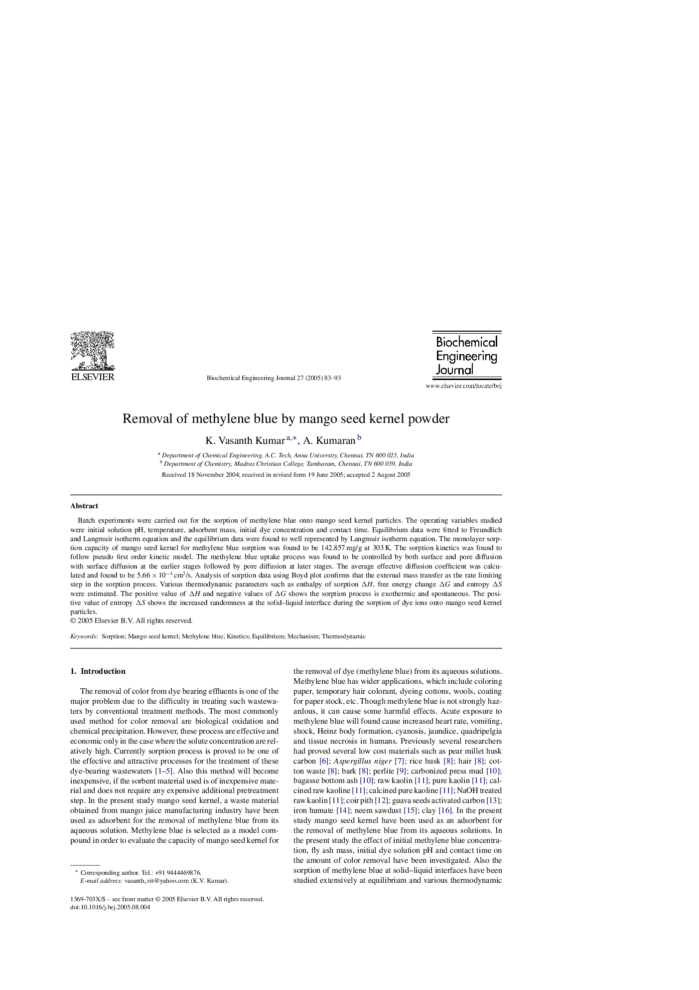 Removal of methylene blue by mango seed kernel powder