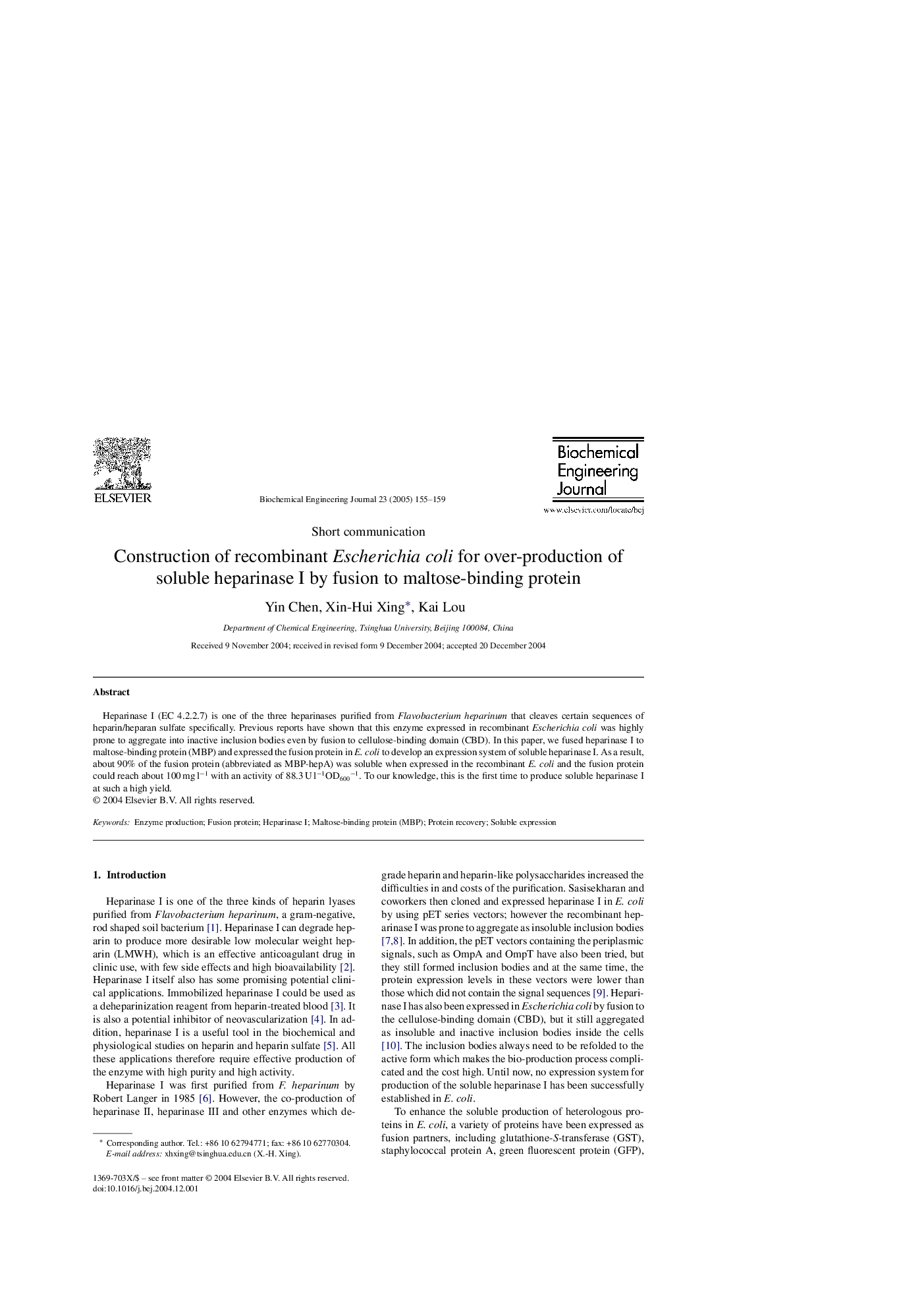 Construction of recombinant Escherichia coli for over-production of soluble heparinase I by fusion to maltose-binding protein