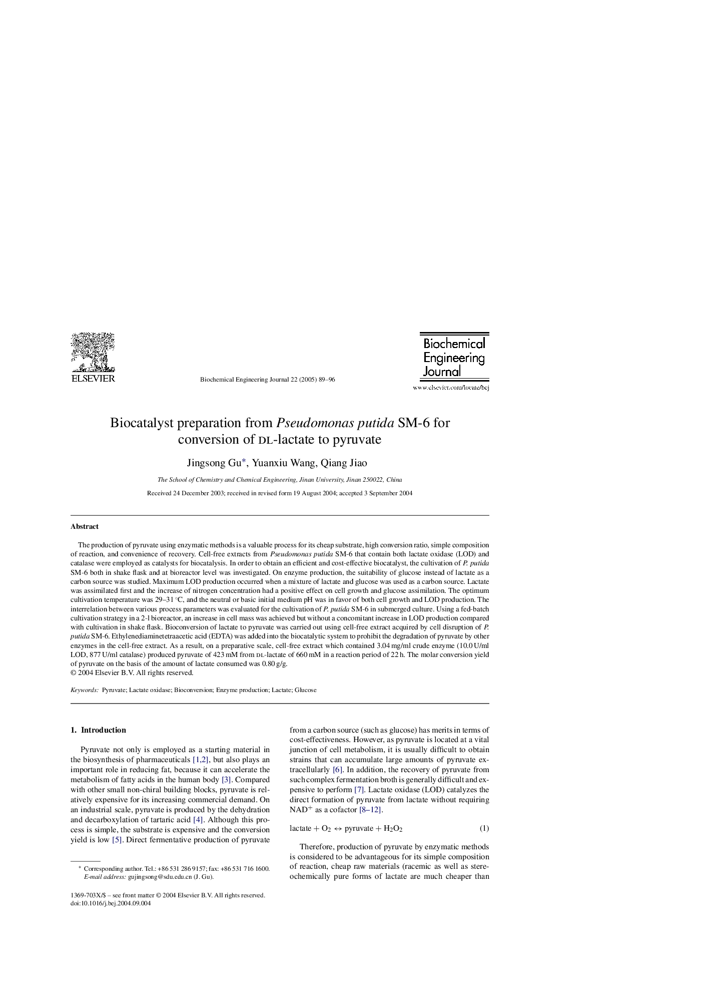 Biocatalyst preparation from Pseudomonas putida SM-6 for conversion of dl-lactate to pyruvate