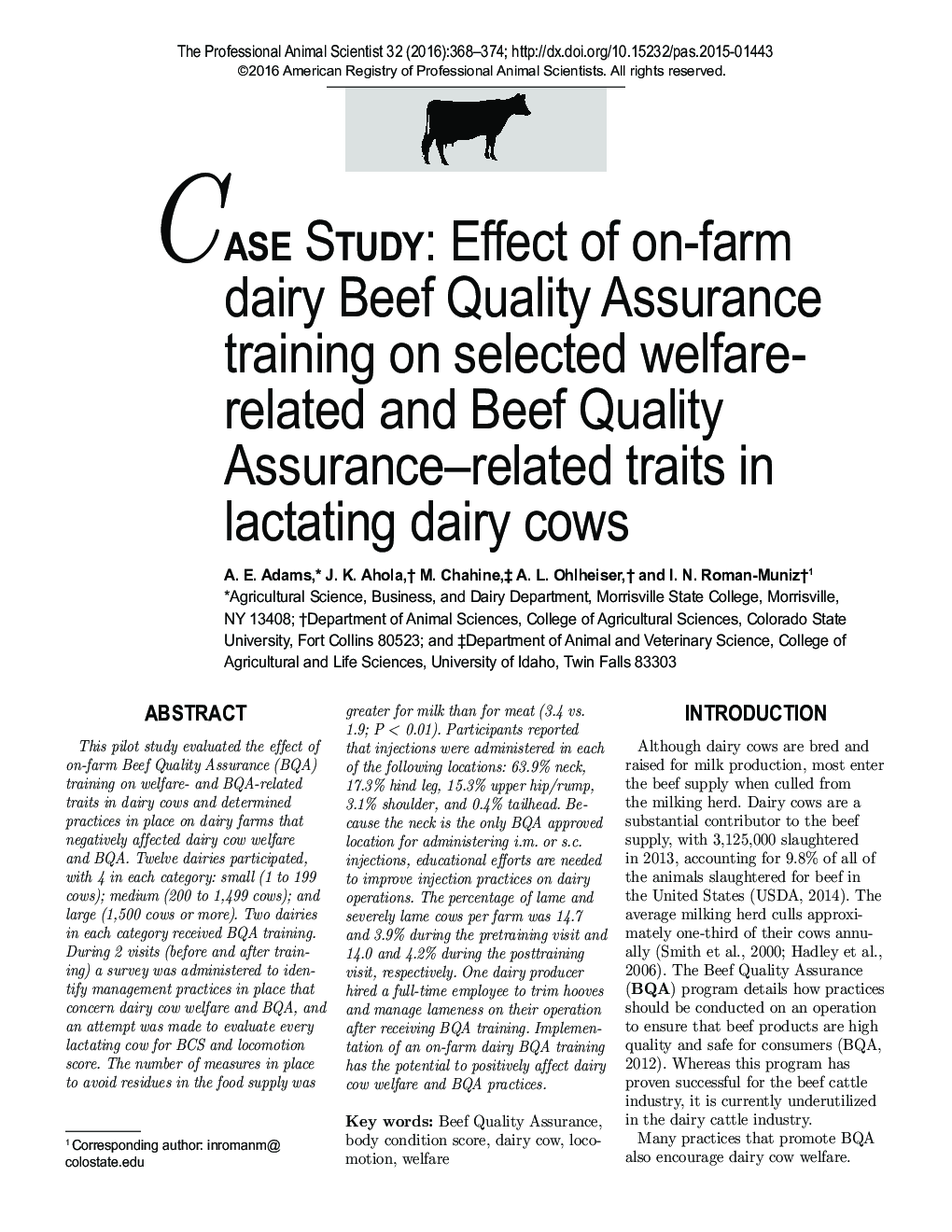 مطالعه موردی: تأثیر آموزش تضمین کیفیت گوشت گوسفند در مزرعه بر صفات مرتبط با رفاه و گواهی گوشت گاو در گاو های شیرده 