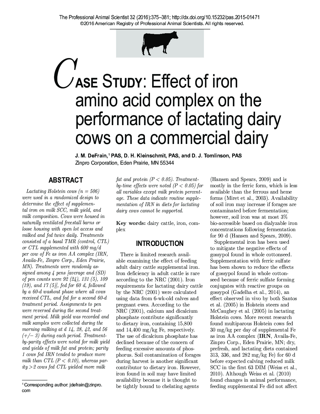 Case Study: Effect of iron amino acid complex on the performance of lactating dairy cows on a commercial dairy