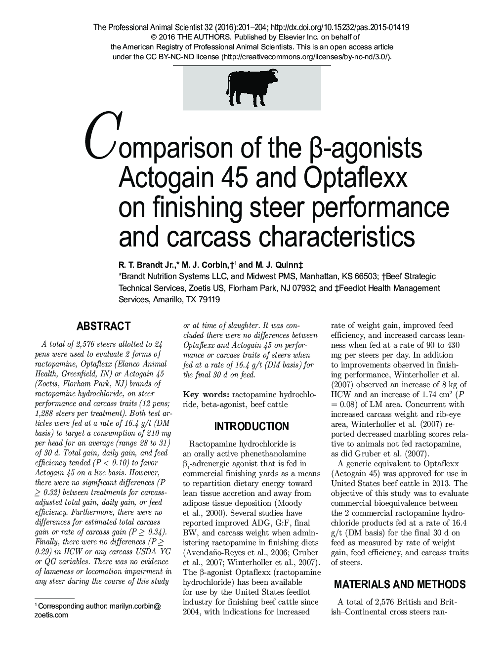 Comparison of the Î²-agonists Actogain 45 and Optaflexx on finishing steer performance and carcass characteristics