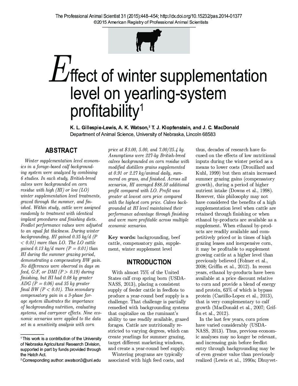 Effect of winter supplementation level on yearling-system profitability1