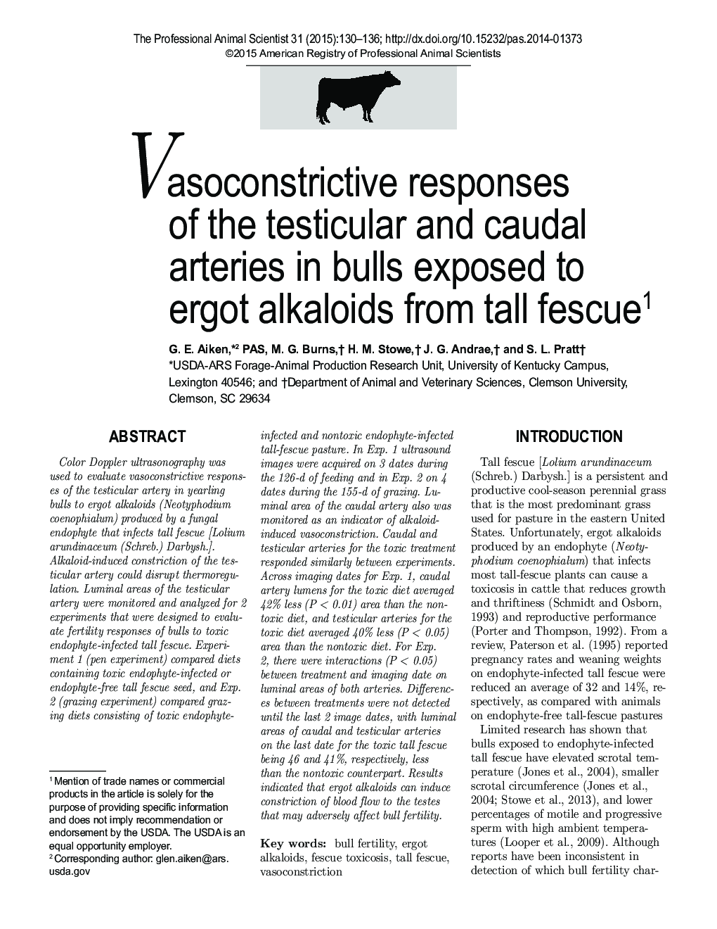 Vasoconstrictive responses of the testicular and caudal arteries in bulls exposed to ergot alkaloids from tall fescue1