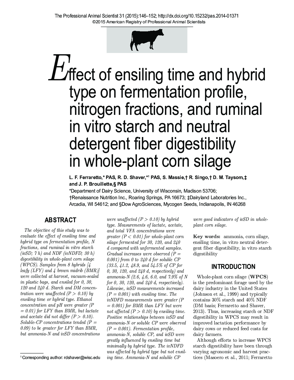 Effect of ensiling time and hybrid type on fermentation profile, nitrogen fractions, and ruminal in vitro starch and neutral detergent fiber digestibility in whole-plant corn silage