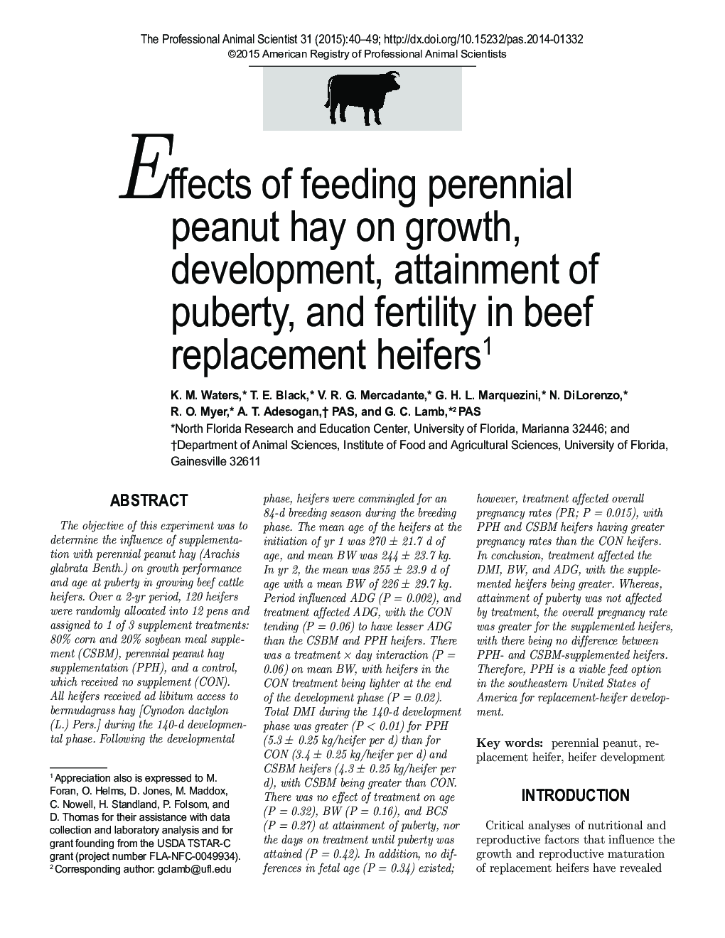 Effects of feeding perennial peanut hay on growth, development, attainment of puberty, and fertility in beef replacement heifers1