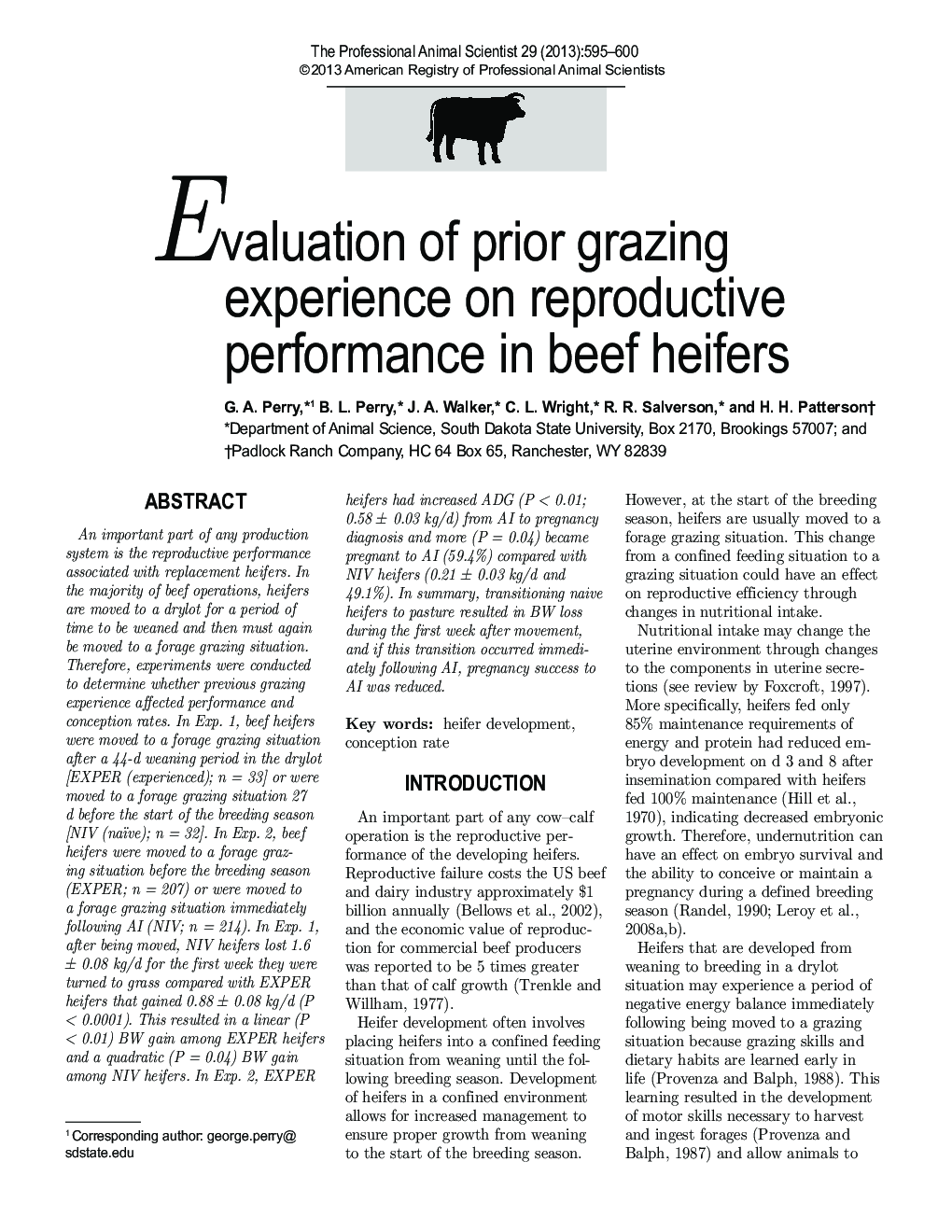 Evaluation of prior grazing experience on reproductive performance in beef heifers