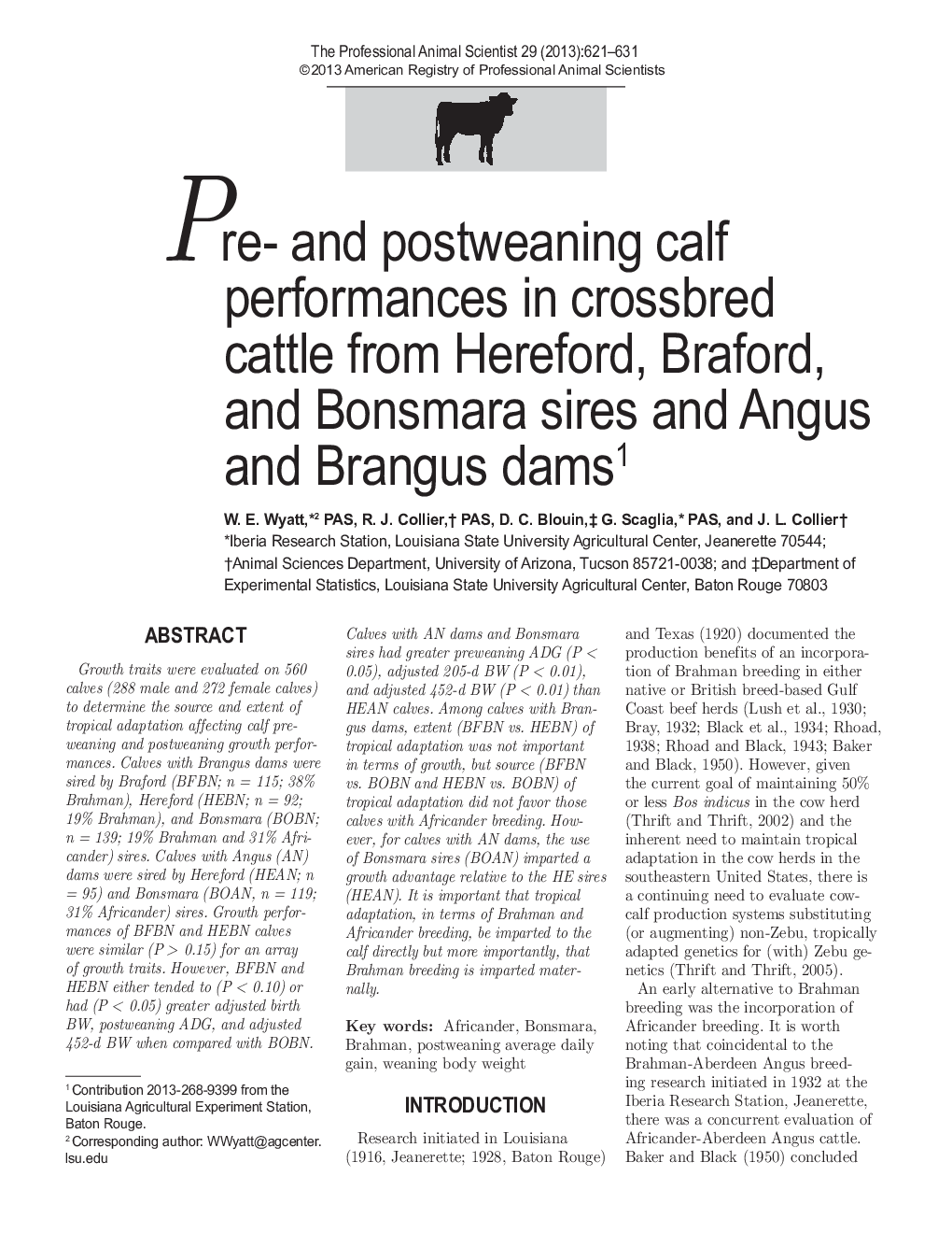 Pre- and postweaning calf performances in crossbred cattle from Hereford, Braford, and Bonsmara sires and Angus and Brangus dams1