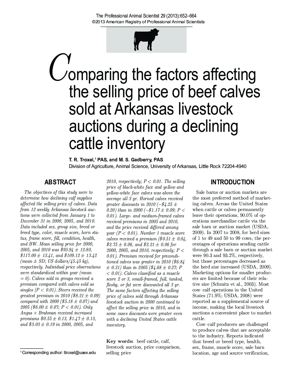مقایسه عوامل موثر بر قیمت فروش گوساله های گوشت گاو که در مزرعه ای آرکانزاس فروخته می شود در طی یک موجودی گاو کاهش یافته 