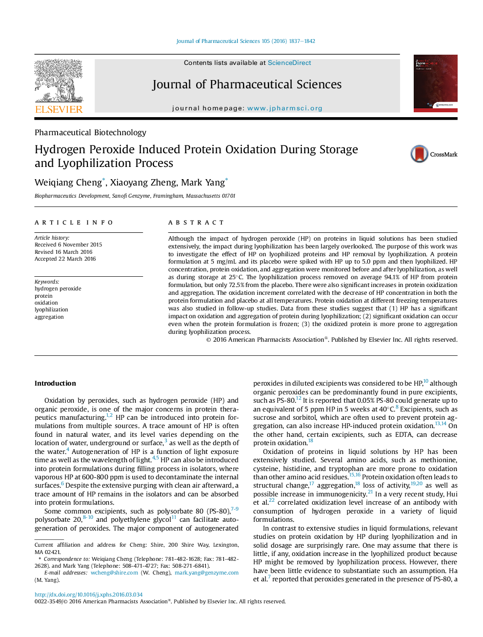 Hydrogen Peroxide Induced Protein Oxidation During Storage andÂ Lyophilization Process