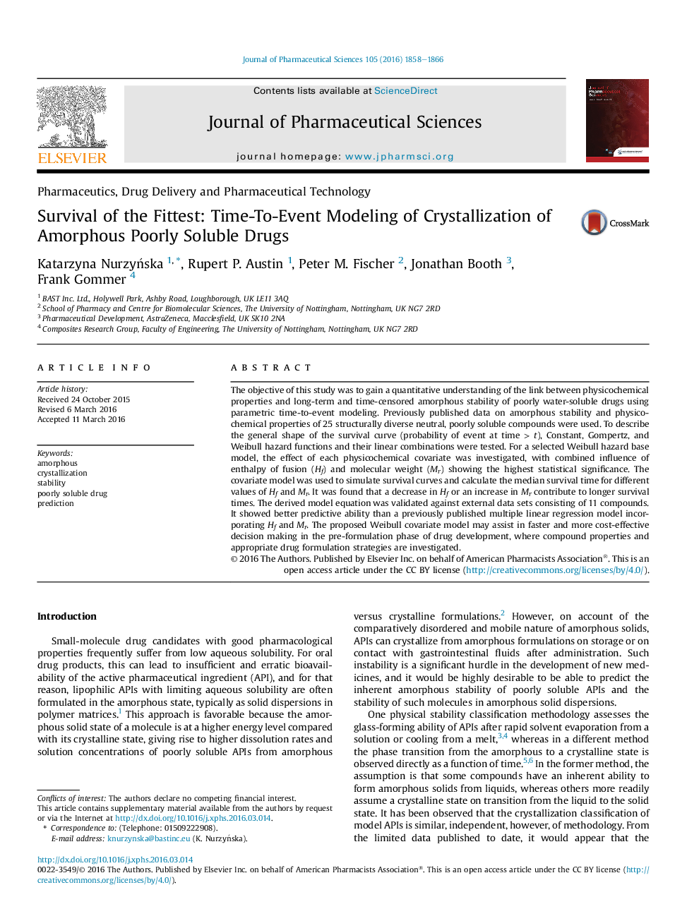 Survival of the Fittest: Time-To-Event Modeling of Crystallization of Amorphous Poorly Soluble Drugs