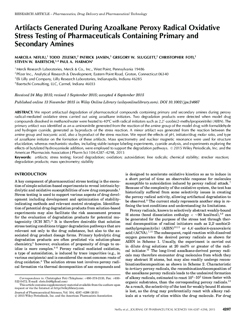 Artifacts Generated During Azoalkane Peroxy Radical Oxidative Stress Testing of Pharmaceuticals Containing Primary and Secondary Amines