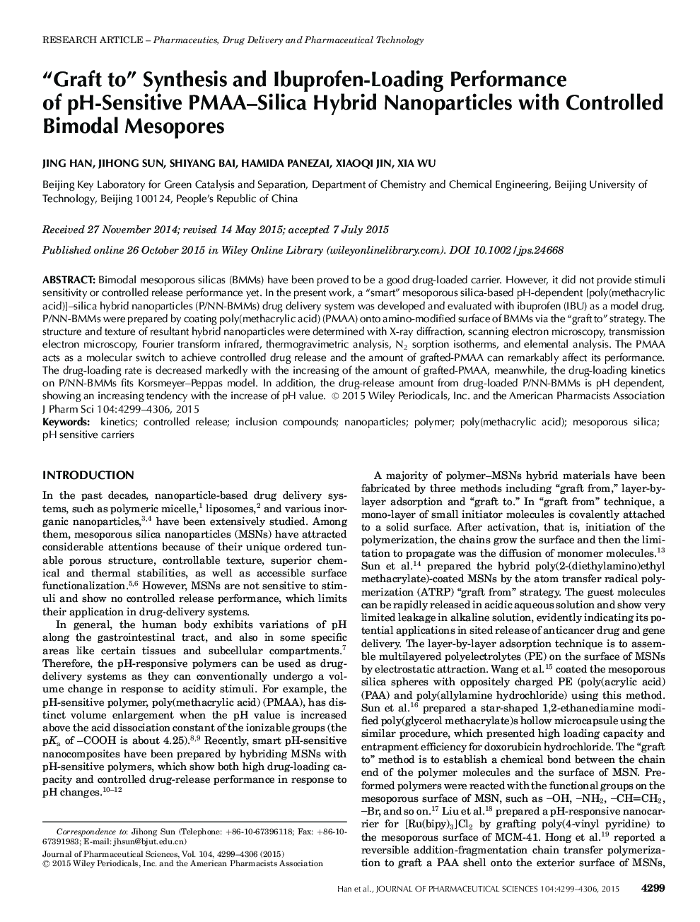 “Graft to” Synthesis and Ibuprofen-Loading Performance of pH-Sensitive PMAA-Silica Hybrid Nanoparticles with Controlled Bimodal Mesopores