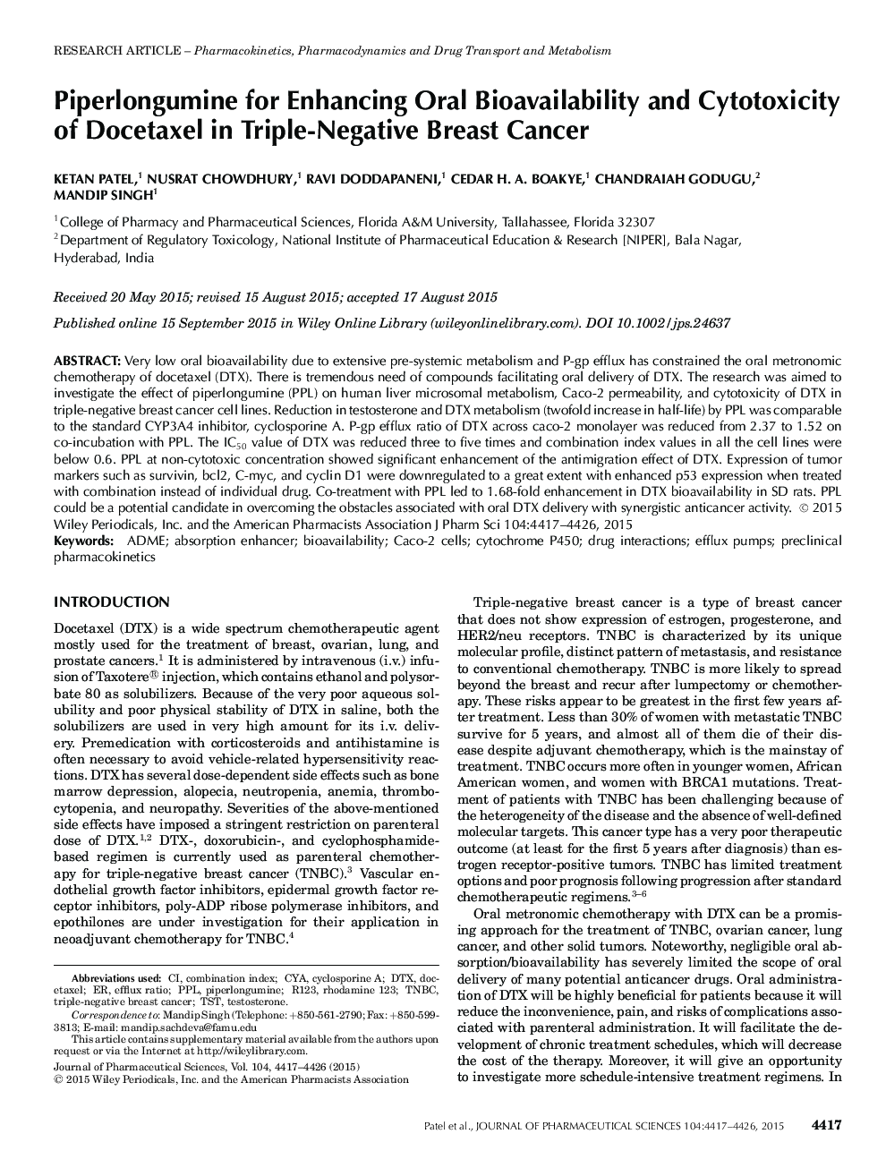 Piperlongumine for Enhancing Oral Bioavailability and Cytotoxicity of Docetaxel in Triple-Negative Breast Cancer