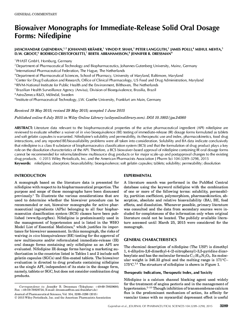 Biowaiver Monographs for Immediate-Release Solid Oral Dosage Forms: Nifedipine