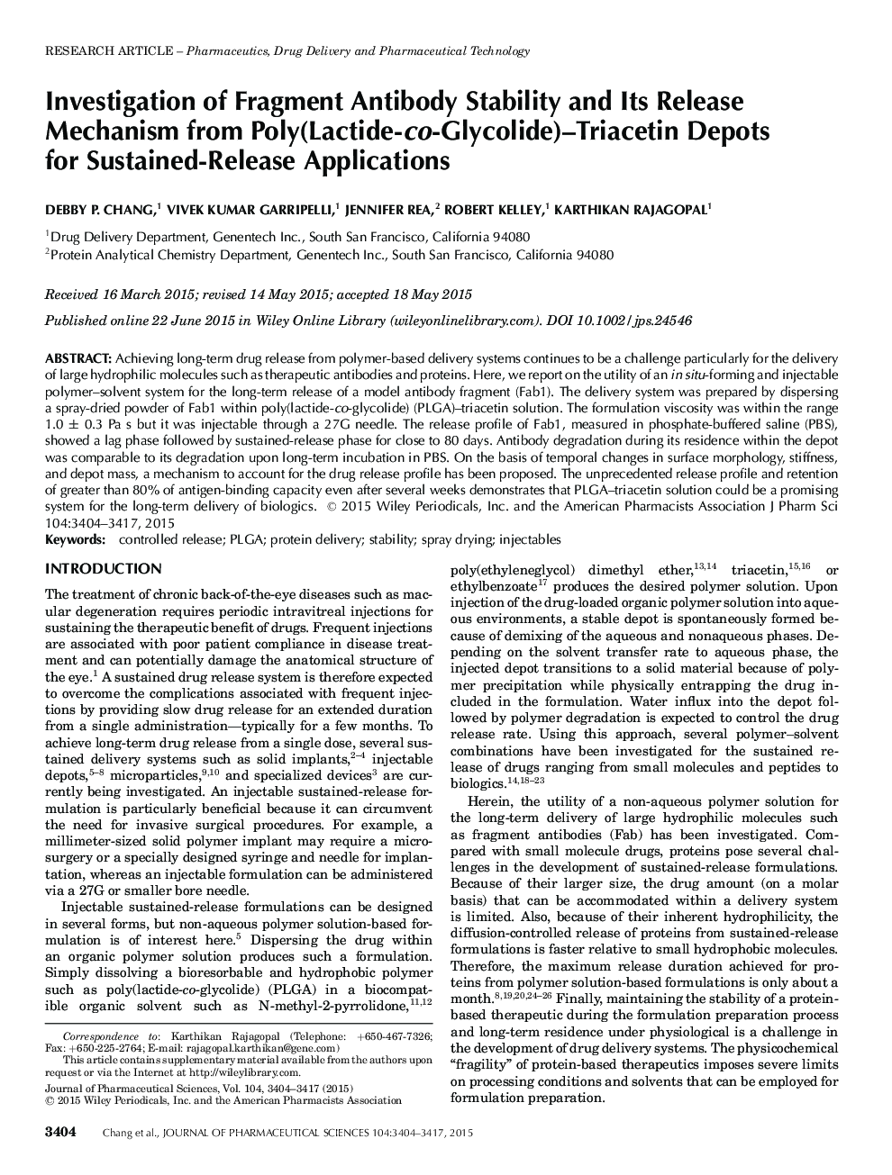 Investigation of Fragment Antibody Stability and Its Release Mechanism from Poly(Lactide-co-Glycolide)-Triacetin Depots for Sustained-Release Applications