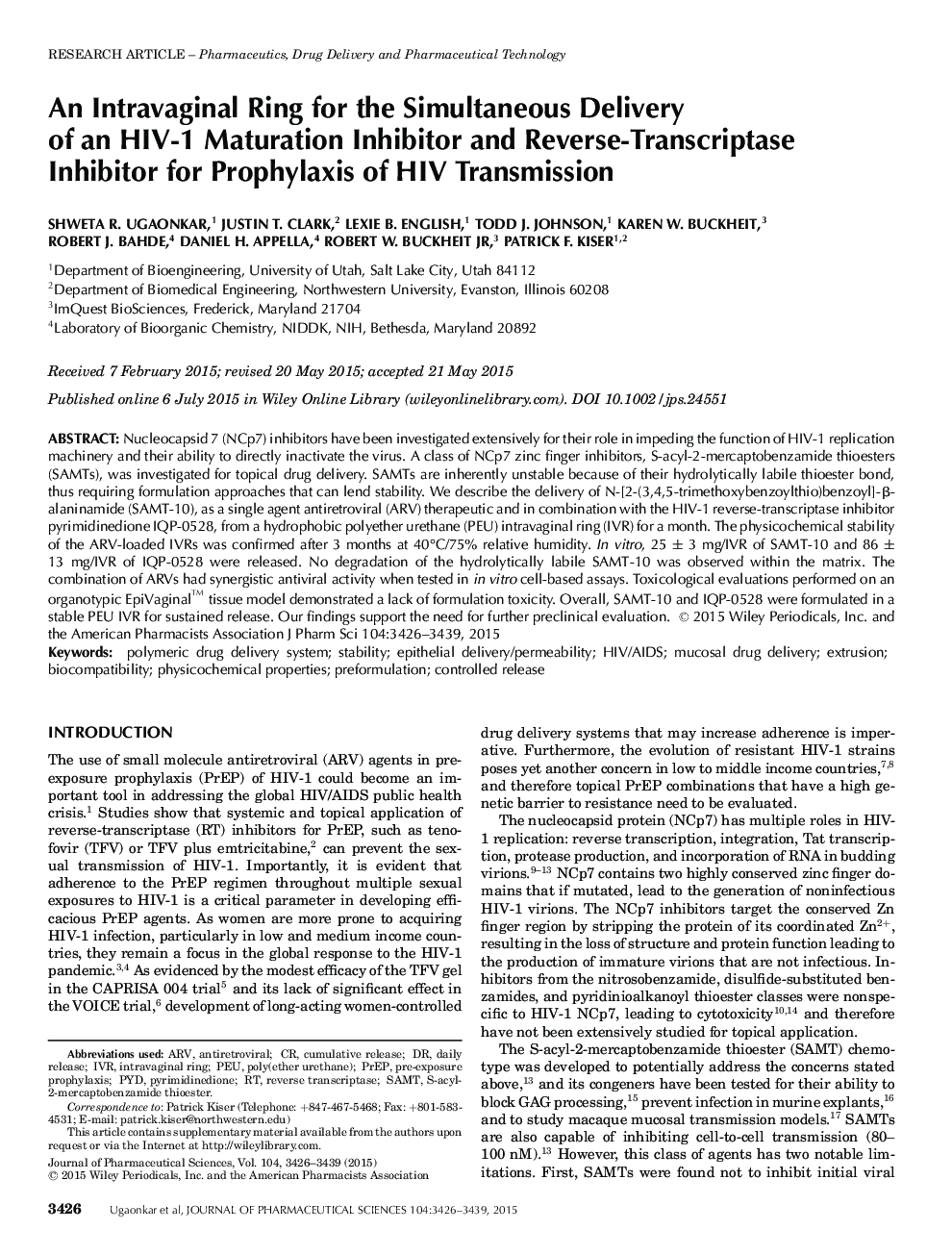 An Intravaginal Ring for the Simultaneous Delivery of an HIV-1 Maturation Inhibitor and Reverse-Transcriptase Inhibitor for Prophylaxis of HIV Transmission