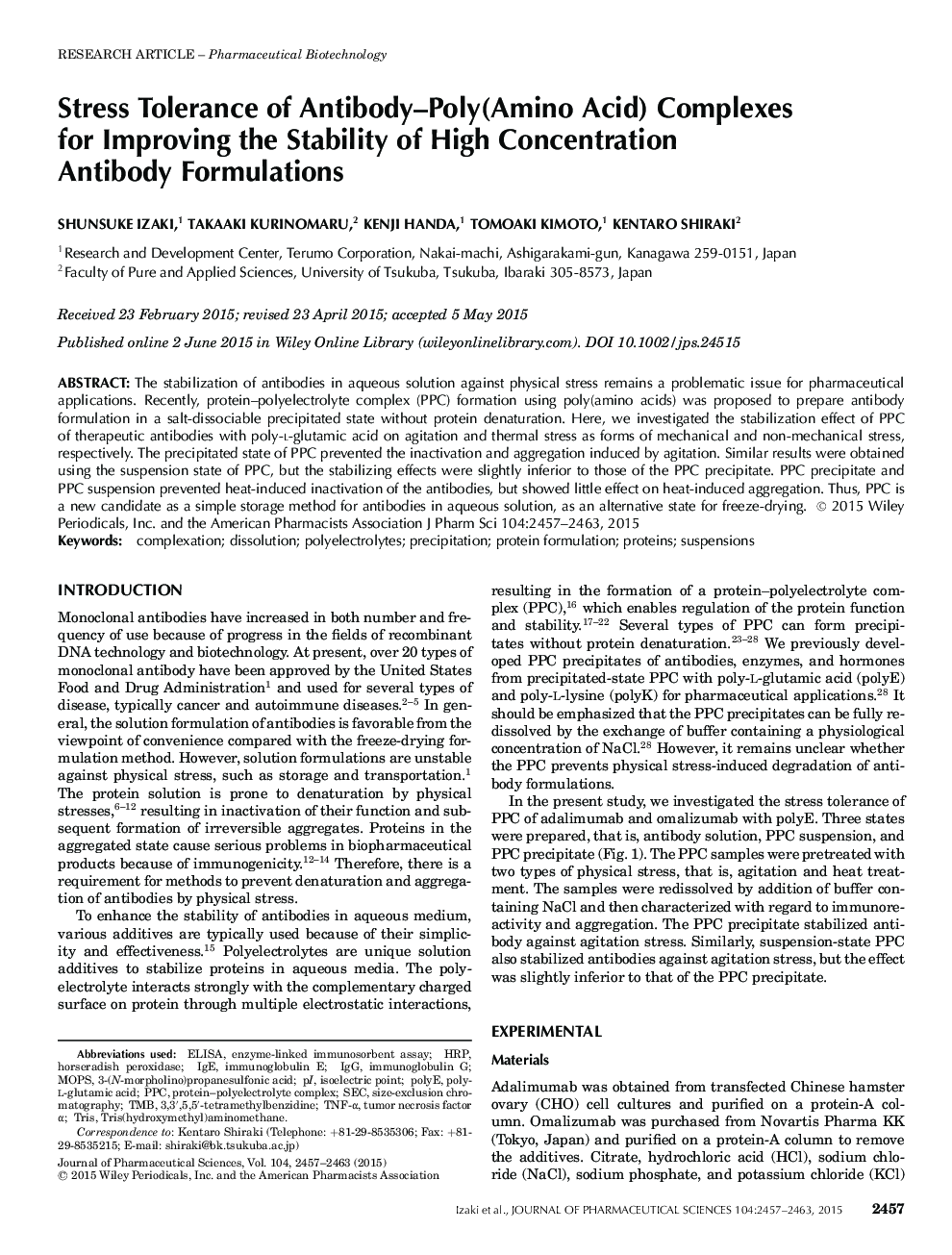 Stress Tolerance of Antibody-Poly(Amino Acid) Complexes for Improving the Stability of High Concentration Antibody Formulations