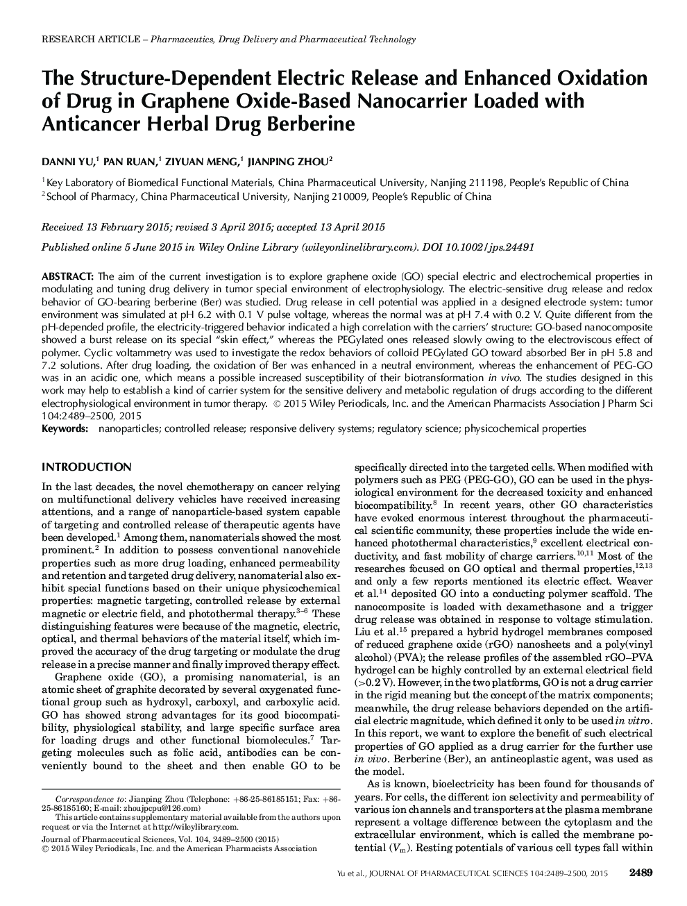 The Structure-Dependent Electric Release and Enhanced Oxidation of Drug in Graphene Oxide-Based Nanocarrier Loaded with Anticancer Herbal Drug Berberine