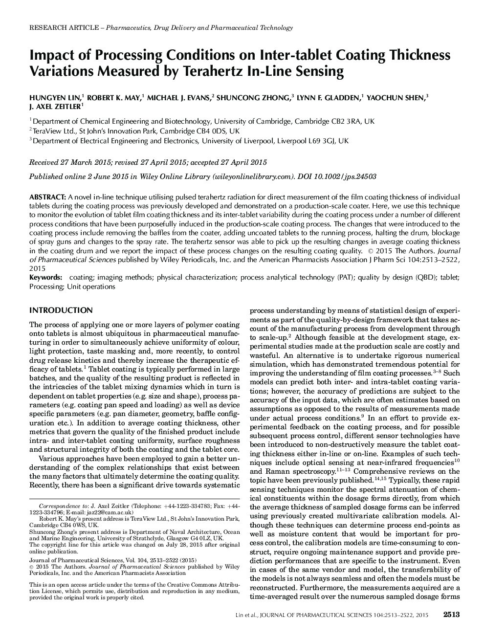 Impact of Processing Conditions on Inter-tablet Coating Thickness Variations Measured by Terahertz In-Line Sensing