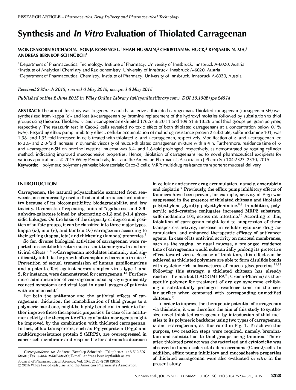 Synthesis and In Vitro Evaluation of Thiolated Carrageenan
