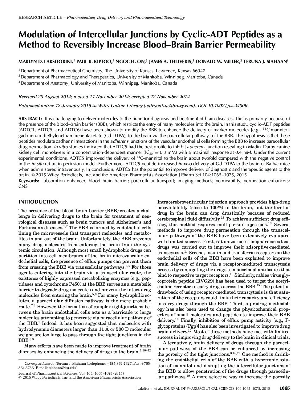 Modulation of Intercellular Junctions by Cyclic-ADT Peptides as a Method to Reversibly Increase Blood-Brain Barrier Permeability