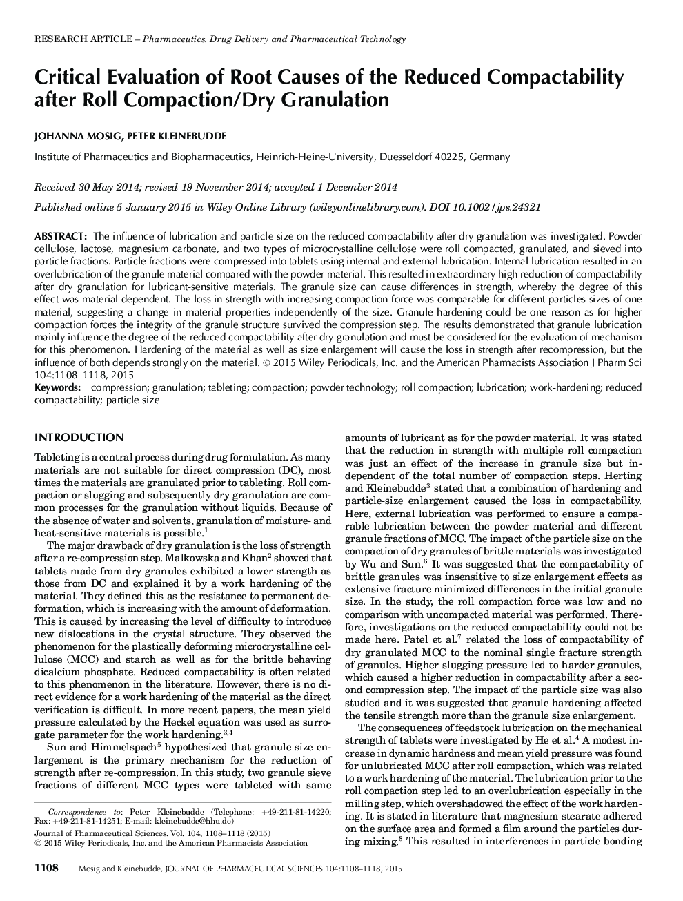 Critical Evaluation of Root Causes of the Reduced Compactability after Roll Compaction/Dry Granulation